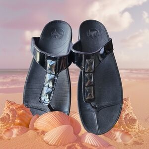 FitFlop Pietra Jeweled Metallic Black Slip On Thong Sandals US Women's 10